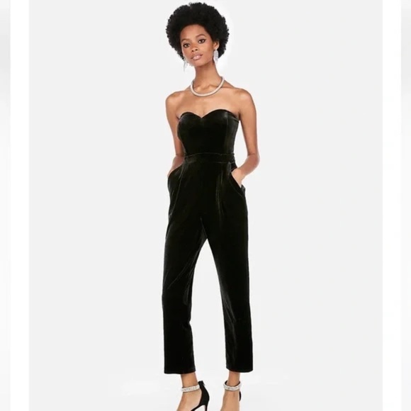 Express Pants - Express Black Velvet Velour Strapless Jumpsuit 12
